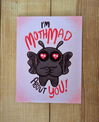 Mothmad About You - Cute Romantic Mothman Greeting Card: Brown (kraft) self seal envelope / Clear plastic cellophane packaging