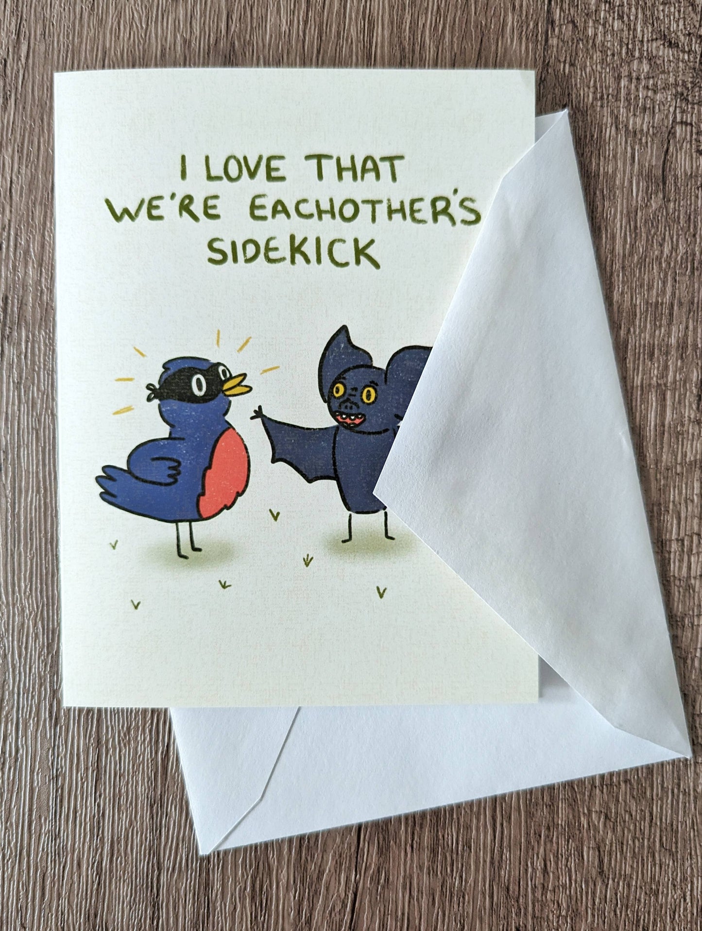 We're Each Other's Sidekick - Cute Romance Valentine Card: Brown (kraft) self seal envelope / Clear plastic cellophane packaging