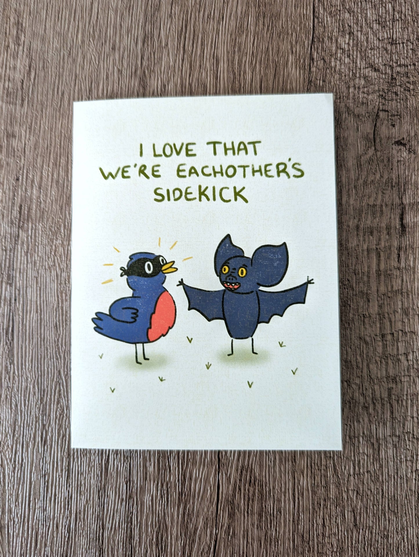 We're Each Other's Sidekick - Cute Romance Valentine Card: Brown (kraft) self seal envelope / Clear plastic cellophane packaging
